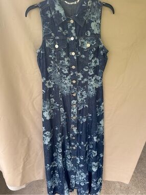 Sleeveless Dark Blue Floral Denim Maxi Dress
